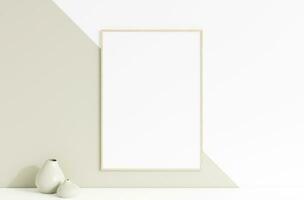 Clean and minimalist front view vertical wooden photo or poster frame mockup hanging on the wall with vase. 3d rendering.