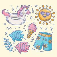 Summer icon collection doodle full color vector