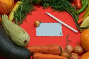 Vegetables are laid out around a sheet of paper and a pencil. Empty space for text. Vegetables, empty blank for recipe  on a red background photo