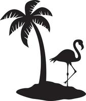 Tropical island with palm tree and flamingo bird. Vector illustration.