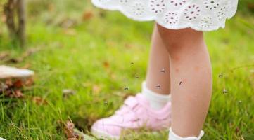 linda niña asiática tiene erupción cutánea y alergia por picadura de mosquito y chupa sangre en las piernas mientras juega en el campo de hierba verde al aire libre foto