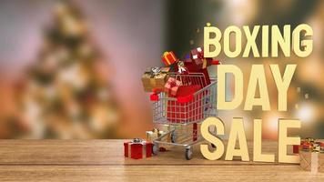 la caja de regalo y el día de boxeo de texto dorado para la representación 3d del concepto de compras foto