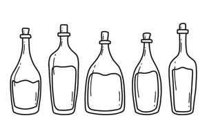 A set of wine bottles. Doodle style. Vector illustration. Hand drawn collection of wine bottles. Glass bottles.