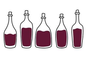 A set of wine bottles. Doodle style. Vector illustration. Hand drawn collection of wine bottles. Glass bottles.