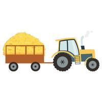 tractor con pajar agrícola en el remolque en estilo plano de dibujos animados, pila enrollada de heno rural, pajar de granja seco. ilustración vectorial de paja forrajera vector