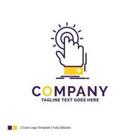 Company Name Logo Design For touch. click. hand. on. start. Purple and yellow Brand Name Design with place for Tagline. Creative Logo template for Small and Large Business. vector