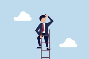 Ladder of success, vision to lead business to achieve goal or opportunity in career concept, smart confident businessman leader climb up to reach top of ladder high in the sky look forward to future. vector