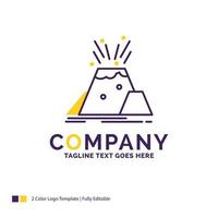 Company Name Logo Design For disaster. eruption. volcano. alert. safety. Purple and yellow Brand Name Design with place for Tagline. Creative Logo template for Small and Large Business. vector