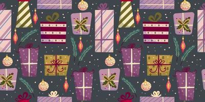 Cartoon seamless pattern christmas holiday. Vector cartoon xmas seamless pattern. Festive gift box. Holiday background