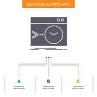 Admin. command. root. software. terminal Business Flow Chart Design with 3 Steps. Glyph Icon For Presentation Background Template Place for text. vector