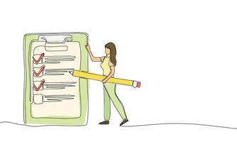 Girl with big pencil before big to do list. Hand draw line art outline with color. Vector illustration.