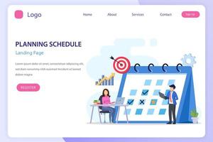 Planning Schedule concept, People filling out the schedule on a giant calendar, work planning, work in progress. Flat vector template