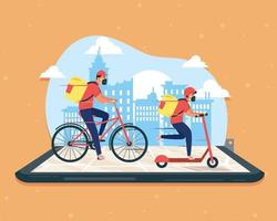 couriers over smartphone vector