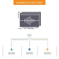 audio. frecuencia. hercios. secuencia. diseño de diagrama de flujo de negocio de onda con 3 pasos. icono de glifo para el lugar de plantilla de fondo de presentación para texto. vector