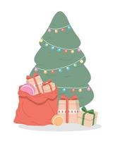 árbol de navidad y bolsa de regalos vector