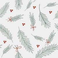 Christmas vector seamless pattern with fir branches and red berries on a light background.