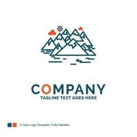 . Mountain. hill. landscape. rocks. crack Logo Design. Blue and Orange Brand Name Design. Place for Tagline. Business Logo template. vector