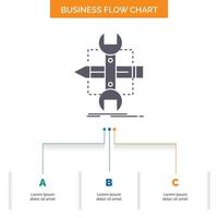 construir. diseño. desarrollar. bosquejo. herramientas de diseño de diagramas de flujo de negocios con 3 pasos. icono de glifo para el lugar de plantilla de fondo de presentación para texto. vector