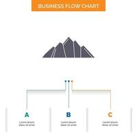 Cerro. paisaje. naturaleza. montaña. diseño de diagrama de flujo de negocios de escena con 3 pasos. icono de glifo para el lugar de plantilla de fondo de presentación para texto. vector