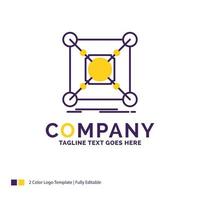 Company Name Logo Design For Base. center. connection. data. hub. Purple and yellow Brand Name Design with place for Tagline. Creative Logo template for Small and Large Business. vector