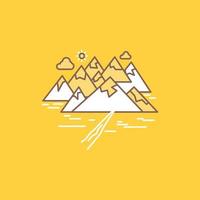 montaña. Cerro. paisaje. rocas agrietar el icono lleno de línea plana. hermoso botón de logotipo sobre fondo amarillo para ui y ux. sitio web o aplicación móvil vector