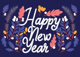 Happy New Year hand lettering horizontal card with Christmas decoration and stars. Colorful festive vector illustration