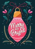 Merry Christmas and New Year hand lettering card on a light bauble holiday decoration and stars. Colorful festive vector illustration