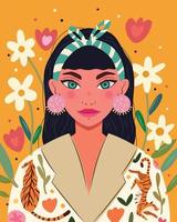 Beautiful woman on vibrant yellow background with floral elements, and tiger jacket. Hand drawn colorful vector illustration