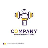 Company Name Logo Design For Dumbbell. gain. lifting. power. sport. Purple and yellow Brand Name Design with place for Tagline. Creative Logo template for Small and Large Business. vector