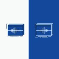 audio. frecuencia. hercios. secuencia. línea de onda y botón web de glifo en banner vertical de color azul para ui y ux. sitio web o aplicación móvil vector