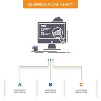 analytics. board. presentation. laptop. statistics Business Flow Chart Design with 3 Steps. Glyph Icon For Presentation Background Template Place for text. vector