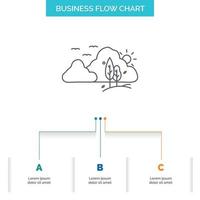 mountain. landscape. hill. nature. tree Business Flow Chart Design with 3 Steps. Line Icon For Presentation Background Template Place for text vector