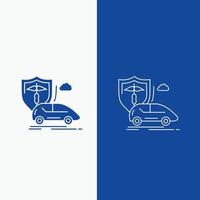 coche. mano. seguro. transporte. línea de seguridad y botón web de glifo en banner vertical de color azul para ui y ux. sitio web o aplicación móvil vector