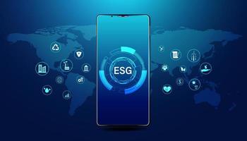 Abstract ESG with icon concept phone and world map sustainable corporate development Environment, Social, and Governance on a modern blue background. vector