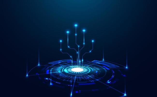 Abstract Circle Digital Circuit Concept Light Circle Network Connection Blue Digital Copy Space for Text Wallpaper Background Futuristic Modern.