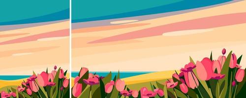 Pink flowers on the meadow. Nature landscape in different formats. vector