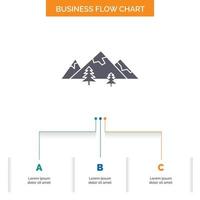 rocks. hill. landscape. nature. mountain Business Flow Chart Design with 3 Steps. Glyph Icon For Presentation Background Template Place for text. vector