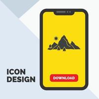 montaña. paisaje. Cerro. naturaleza. icono de glifo de árbol en el móvil para la página de descarga. fondo amarillo vector