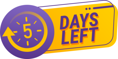 5 dagen links countdown PNG illustratie sjabloon. countdown dagen teken naar evenement in geel en Purper kleur.