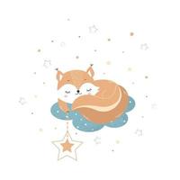 Cute little squirrel on a cloud with stars. Children's illustration for posters, fabric prints and children's cards on white background. Vectorr vector