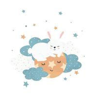 Cute little hare sleeping on a planet in the middle of the night sky. Children's illustration for posters, fabric prints and children's cards on white background. Vector