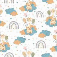 Cute little giraffe sitting on clouds with balloons. Seamless pattern for posters, fabric prints and children's cards. Vector