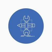 Build. design. develop. sketch. tools White Line Icon in Circle background. vector icon illustration