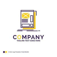 Company Name Logo Design For wire. framing. Web. Layout. Development. Purple and yellow Brand Name Design with place for Tagline. Creative Logo template for Small and Large Business. vector