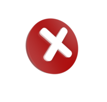 minimal 3d illustration röd korsa kolla upp mark tecken, negativ eller nedgång tecken, x stänga ikon png