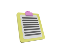 3d Illustration Clipboard with sheets of paper, document icon, notes, and report. png