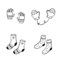 Set of clothes in black linear drawing style. Cute cozy mittens, socks and gloves. Vector illustration isolated on white background