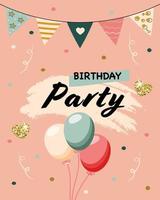 Birthday party invitation card with glitter, balloons, confetti and garland. Vector illustration.