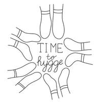 Lettering time to hygge. Warm socks. Vector background with hand drawn illustrations cozy home things.