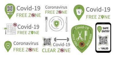 A set of signs for different business areas with covid-19 free zone message. Illustration with the public location safe for health. Public covid-free places for vaccinated customers vector